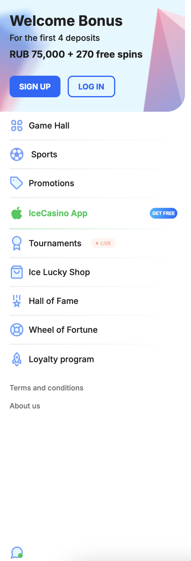 Mobilní menu online kasina Ice Casino